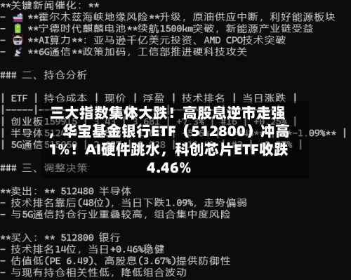 三大指数集体大跌！高股息逆市走强，华宝基金银行ETF（512800）冲高1%！AI硬件跳水，科创芯片ETF收跌4.46%-第3张图片
