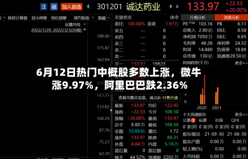 6月12日热门中概股多数上涨，微牛涨9.97%	，阿里巴巴跌2.36%-第3张图片