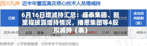 6月16日增减持汇总：盛泰集团	、新里程披露增持情况，播恩集团等4股拟减持（表）-第2张图片